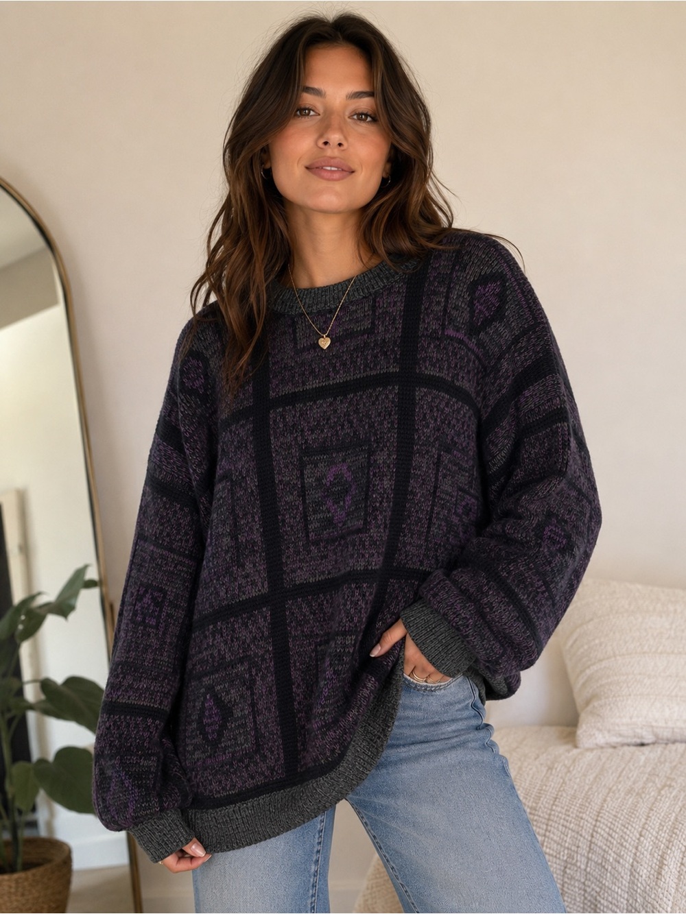 Vintage Cypress 80s/90s Geometric Oversized Knit Sweater Purple Black